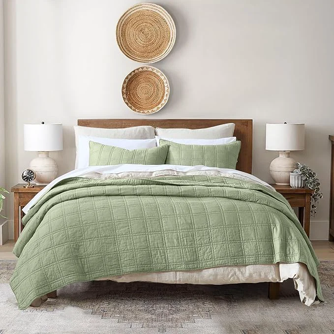 Environmentally Friendly HORIMOTE HOME Cotton Quilt Set Queen Size Sage Green Pre-Washed Bedspreads Coverlet Set in Geometric Pattern Cozy Lightweight Stitching Decorative Bedding Cover with 2 Shams for All Season Advanced