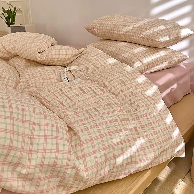 Clean Plaid Twin Size Duvet Cover Cotton Pink Comforter Cover Twin Size Double Gauze Soft Boho Zipper Duvet Cover Set with Corner Ties Reversible Girls Bedding Set Coquette Duvet Protector Natural