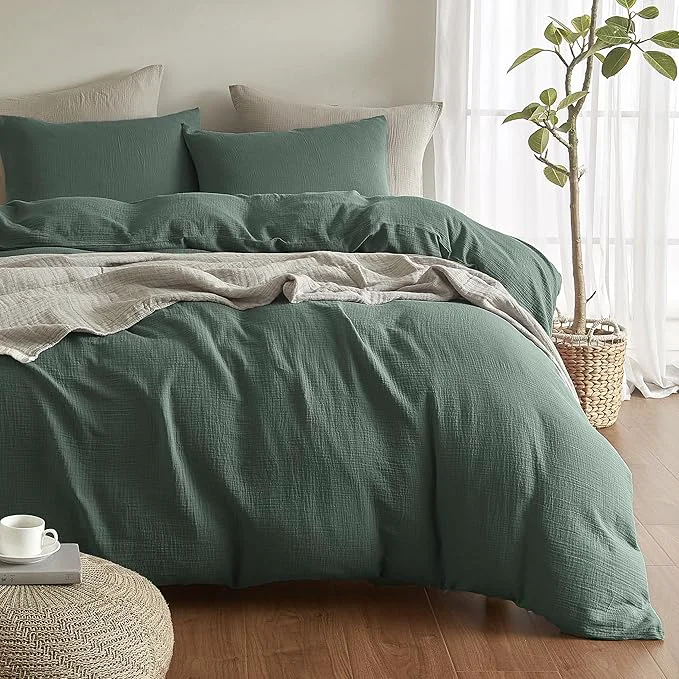 Optimized SE SOFTEXLY Muslin Duvet Cover Oversized King Size Washed Cotton Duvet Cover Set Ultra Soft Comforter Cover Linen Like 3 Pieces Gauze Duvet Cover with 2 Pillowcases 98 quot x120 quot Forest Green Verified