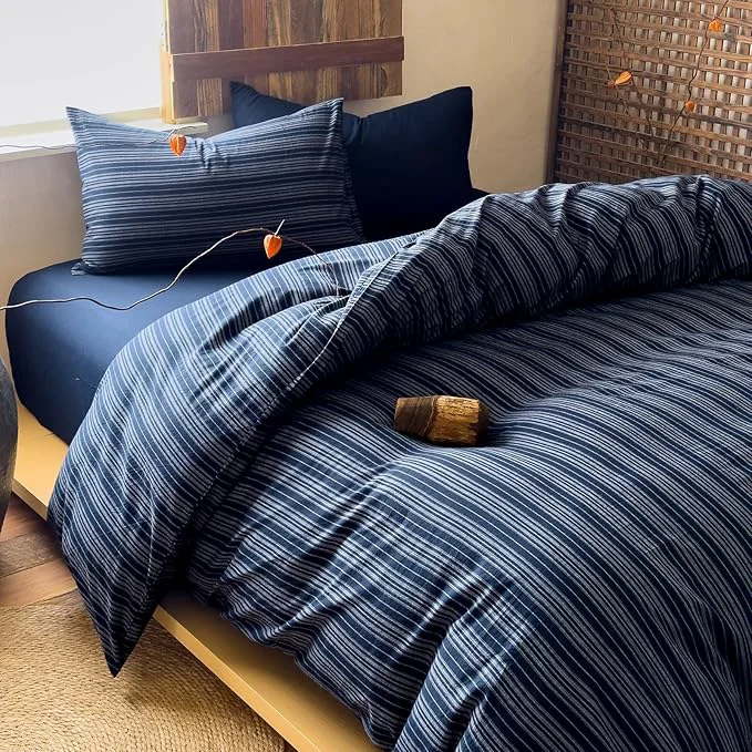 Artisan Striped Duvet Cover Twin XL Navy Blue Washed Cotton Twin XL Comforter Cover Soft Grey Vertical Stripe Farmhouse Duvet Cover Set with Zipper Boho Patterned Bedding Set Wabi Sabi Duvet Protector Optimized