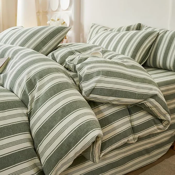 Functional Green Striped King Duvet Cover Washed Cotton Boho King Comforter Cover Farmhouse Soft Pinstripe Patterned Duvet Cover Set with Hidden Zipper Vertical Stripe Bedding Set Teen Duvet Protector Minimalist