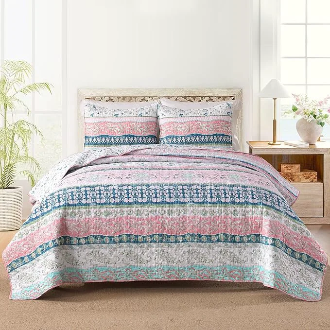 Verified HORIMOTE HOME Boho Style Queen Quilt Set Pink Bohemian Floral Strip Quilt Beddding Set Soft and Lightweight Bedspread for All Season Full Size Bed Coverlet with 2 Matching Pillow Shams 3 Pieces High-End