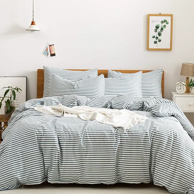 Environmentally Friendly JELLYMONI Natural Cotton 3pcs Striped Duvet Cover Sets White Duvet Cover with Grayish Blue Stripes Pattern Printed Comforter Cover with Zipper Closure amp Corner Ties King Size Advanced