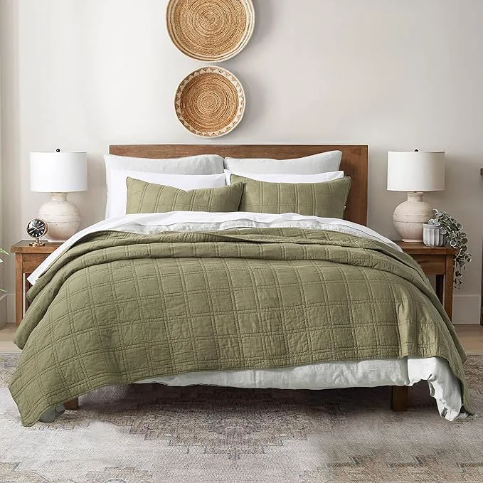 Advanced HORIMOTE HOME Cotton Quilt Queen Size Olive Green Bedspread Pre-Washed 3-Piece Cozy Lightweight Stitching Bedding Cover Coverlet Set with 2 Shams in Geometric Pattern for All Season Sophisticated