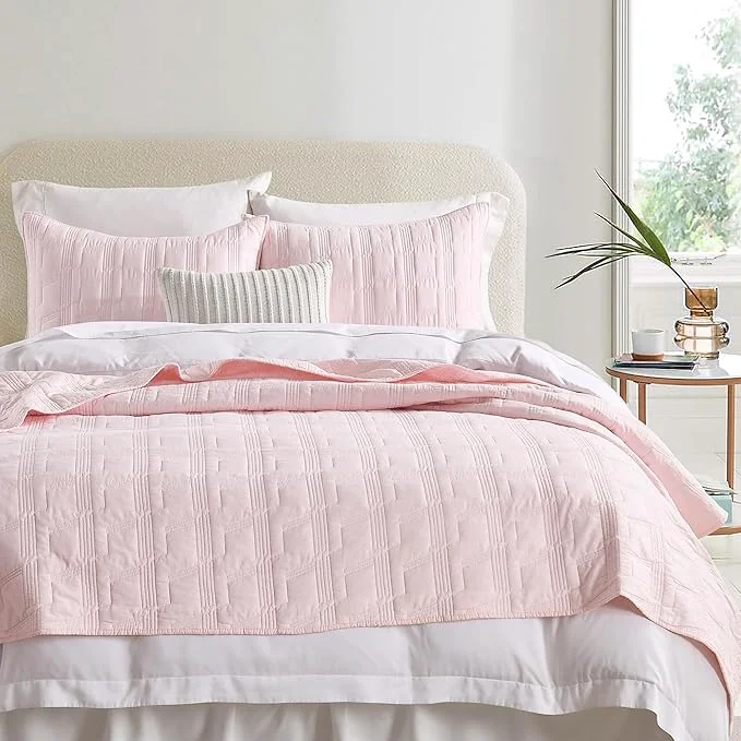 Crafted HORIMOTE HOME Cotton Quilt Set King Size Light Pink Pre-Washed Bedspread Coverlet Set Cozy Lightweight Stitching Decorative Bedding Cover with 2 Shams in Geometric Pattern for All Season Versatile