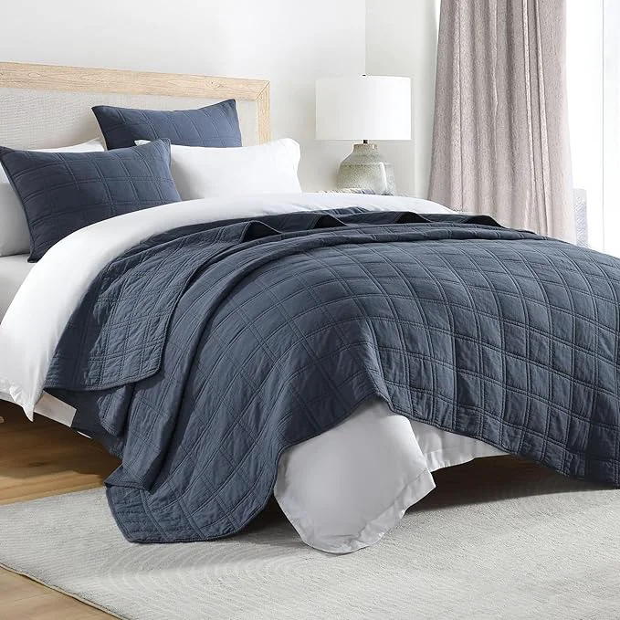 Quality HORIMOTE HOME Cotton Quilt Set Twin Size Denim Blue Pre-Washed Bedspreads Coverlet Set in Geometric Pattern Cozy Lightweight Stitching Decorative Bedding Cover with 1 Sham for All Season Practical