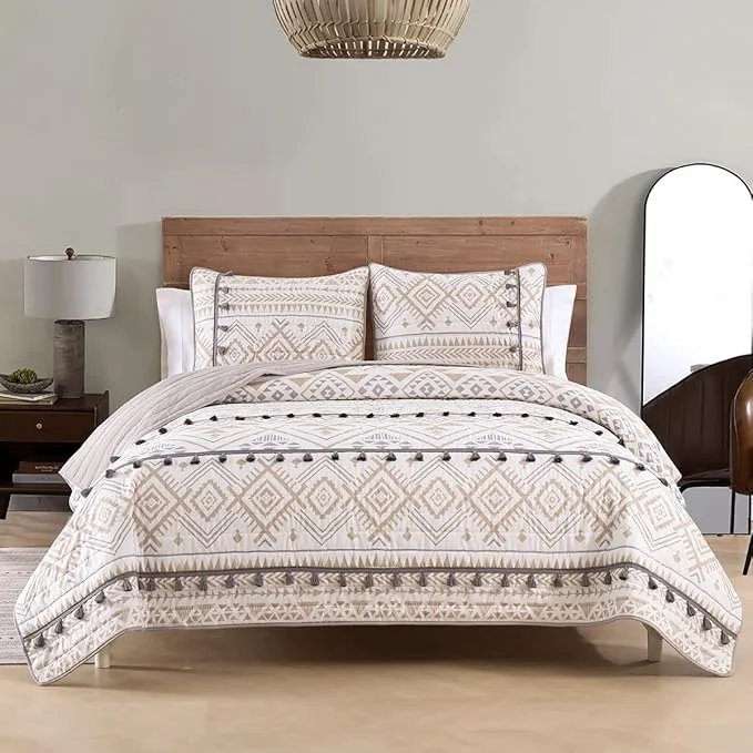 Minimalist HORIMOTE HOME Boho Style Beige Queen Quilt Set with Tassle Soft and Lightweight Bedspread for All Season Full Size Bed Coverlet with 2 Matching Pillow Shams 3 Pieces Original Design