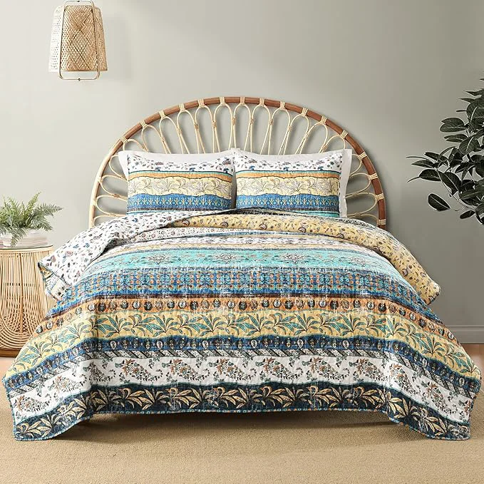 Detailed HORIMOTE HOME Boho Style Twin Size Quilt Set Yellow Bohemian Floral Strip Quilt Beddding Set Soft and Lightweight Bedspread for All Season XL Twin Bed Coverlet with 1 Matching Pillow Sham 2 Pieces Elite