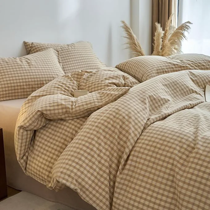 Prestigious Light Brown Gingham Full Duvet Cover Tan Washed Cotton Full Comforter Cover Soft Checkered Plaid Zipper Duvet Cover Set with Corner Ties Boho Teenage Bedding Set Farmhouse Duvet Protector Traditional