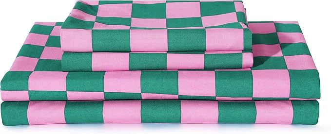 Superior Season Bed Sheet Set 3 Pieces -Twin Size-Soft Durable Microfiber Bedding Sheet Set Deep Pocket Stain Fade amp Wrinkle Resistant Plaid Pink amp Green Sustainable