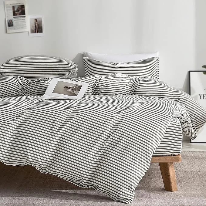 Relaxed JELLYMONI Natural Cotton 2pcs Striped Duvet Cover Sets White with Grey Stripes Pattern Printed Comforter with Zipper Closure amp Corner Ties Twin Size Dependable