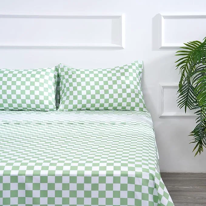 Easy-to-Use Season Bed Sheet Set 4 Piece -Full Size-Soft Durable Microfiber Bedding Sheet Set Deep Pocket Stain Fade amp Wrinkle Resistant Green and White Checkerboard Grid Plaid Green amp White Minimalist