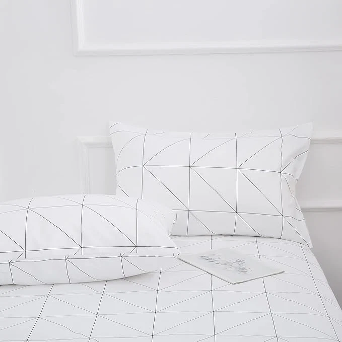 Eco-Friendly Season Bed Sheet Set 4 Pieces -Full Size-Soft Durable Microfiber Bedding Sheet Set Deep Pocket Stain Fade amp Wrinkle Resistant Geometric White High-Quality