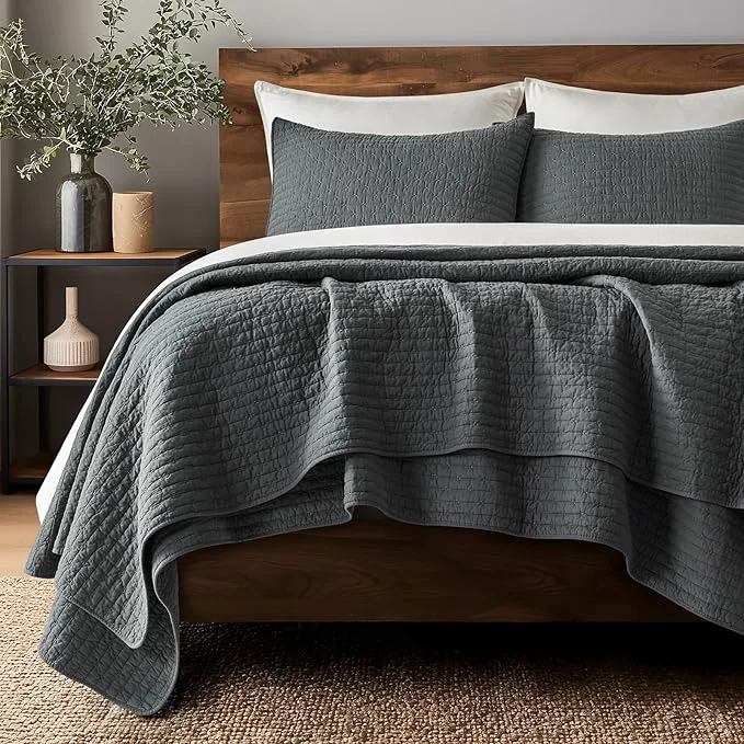 Functional EVERGRACE Cross Stitch Pre-Washed Cotton Quilt Bedding Set Queen Size Oversized 3 Pieces Lightweight Bedspread Coverlet for All Season with 2 Matching Shams Charcoal 92 quot x96 quot Comfortable