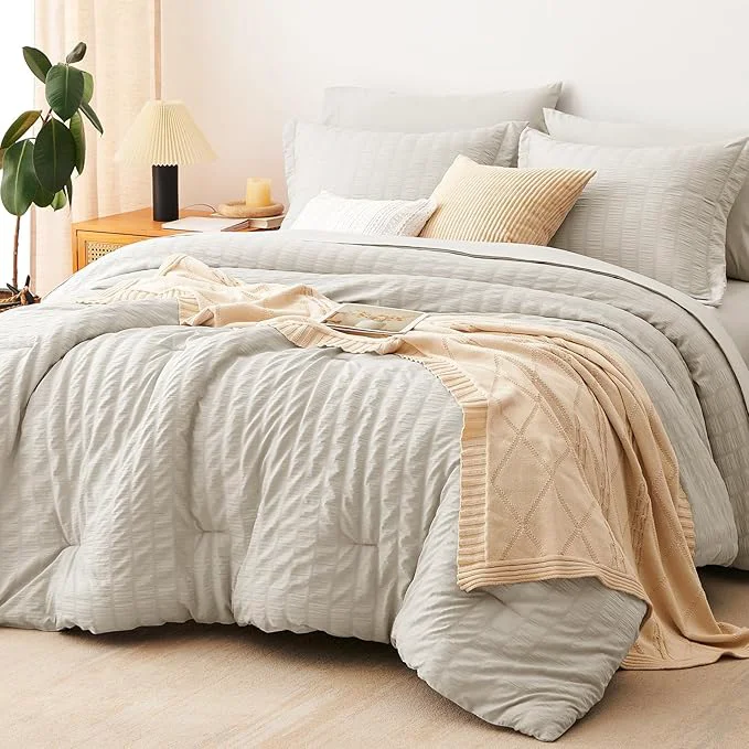 Trusted CozyLux Oversized Queen Comforter Set Beige Seersucker 7 Pieces 98×98 Bed in a Bag Comforter Set with Sheets Luxury Soft Bedding Sets with Down Comforter Sheets Pillowcases amp Shams Versatile