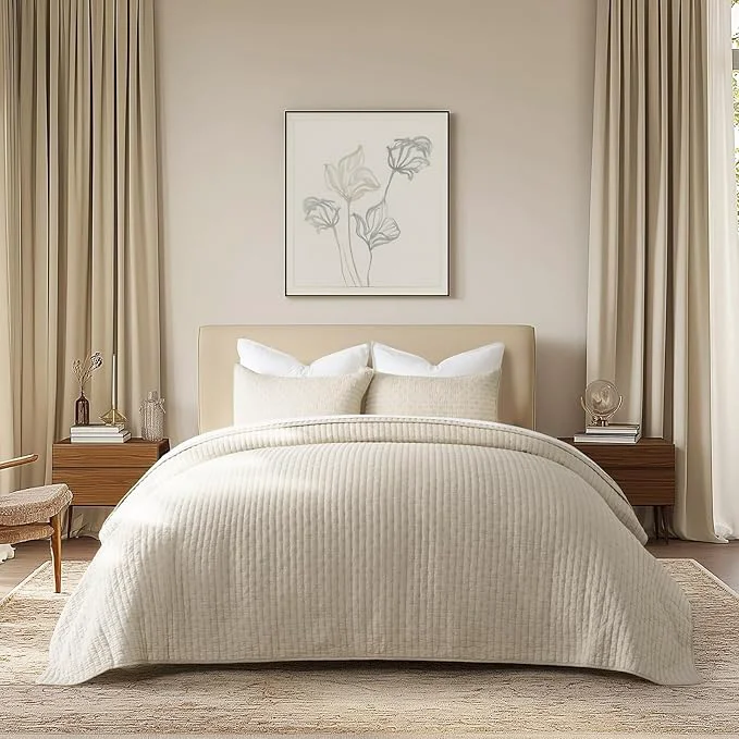 Official EVERGRACE Cross Stitch Pre-Washed Cotton Quilt Bedding Set Queen Size Oversized 3 Pieces Lightweight Bedspread Coverlet for All Season with 2 Matching Shams Flax Beige 92 quot x96 quot Versatile