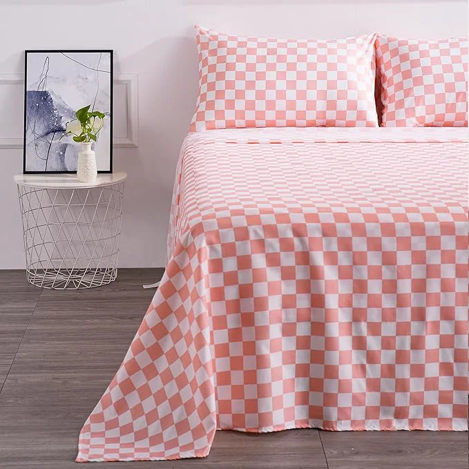 Expertly Made Queen Size Sheet Set 4 Piece -Microfiber Soft Durable Bedding Sheet Set Deep Pocket Stain Fade amp Wrinkle Resistant Plaid Coral amp White Contemporary