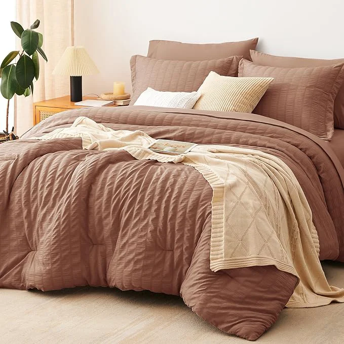 Genuine CozyLux Queen Comforter Set Mocha Mousse Seersucker 7 Pieces Bed in a Bag Queen Comforter Set with Sheets Luxury Bedding Sets with Down Comforter Sheets Pillowcases amp Shams All Seasons Reliable