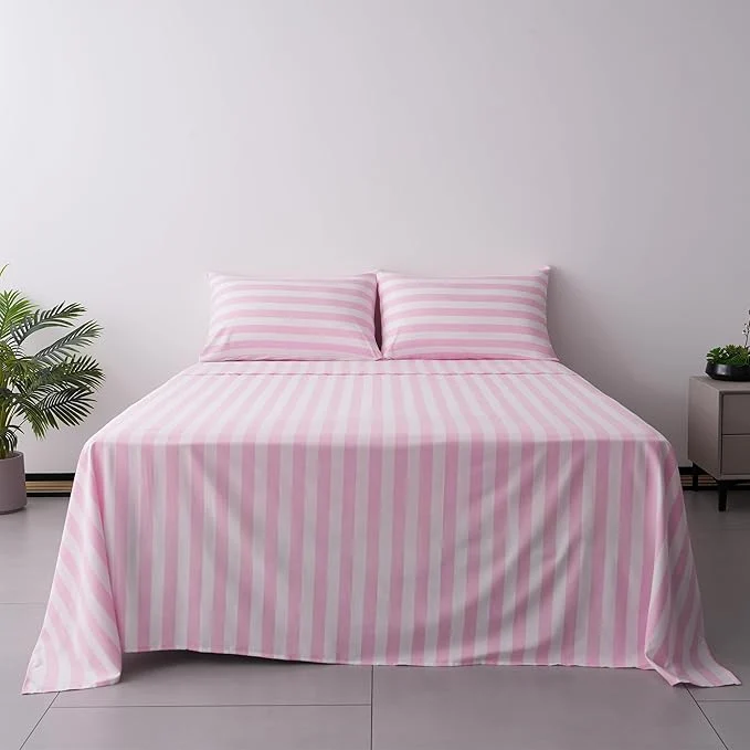 Natural Queen Size Sheet Set 4 Piece -Pinstripe Microfiber Soft Durable Bedding Sheet Set Deep Pocket Stain Fade amp Wrinkle Resistant Stripe Pink amp White Next-Generation
