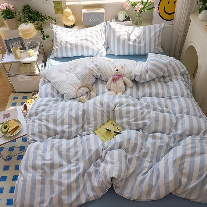 Specialty Blue Striped Full Size Duvet Cover Boho Soft Full Comforter Cover Reversible Farmhouse Cute College Duvet Cover Set with Hidden Zipper Dorm Bedding for Boys Washed Microfiber Duvet Protector Luxury