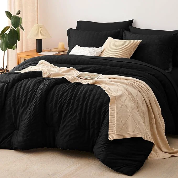 Genuine CozyLux Oversized Queen Comforter Set Black Seersucker 7 Pieces 98×98 Bed in a Bag Comforter Set with Sheets Luxury Soft Bedding Sets with Down Comforter Sheets Pillowcases amp Shams Reusable