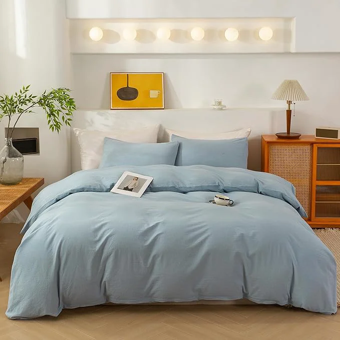 Trusted ECOCOTT Washed Cotton Duvet Cover California King Size – Soft amp Breathable Linen Feel Bedding Set 3 Pieces Light Blue Comforter Cover with Zipper Closure for All Seasons Smooth