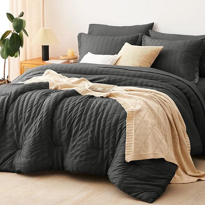 Dependable CozyLux King Size Comforter Set Dark Grey Seersucker 7 Pieces Bed in a Bag King Comforter Set with Sheets Dark Gray Luxury Bedding Sets with Down Comforter Sheets Pillowcases amp Shams Easy-to-Use