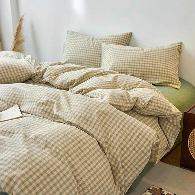 Elite Green Gingham Twin Duvet Cover Set Washed Cotton Plaid Twin Comforter Cover Sage Green Boho Pattern Zipper Duvet Cover Set with 2 Pillow Cases Cute Checkered Bedding Set Vintage Duvet Protector Practical