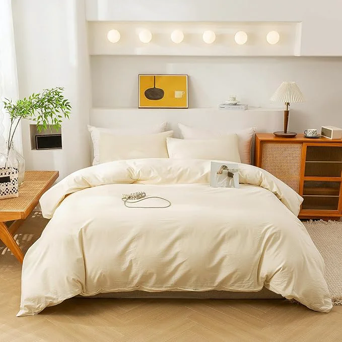 Fine ECOCOTT Duvet Cover Queen Size – 3 Piece Washed Cotton Bedding Set Soft and Breathable with Zipper Closure amp 8 Corner Ties – Comfortable and Stylish for All Seasons Cream Genuine