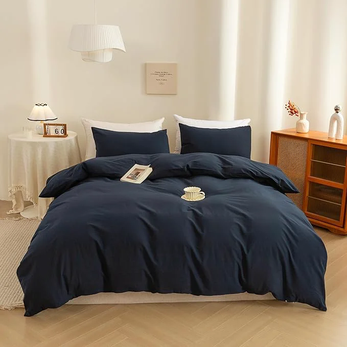 Original Design ECOCOTT Navy Blue Duvet Cover Twin Size – Washed Cotton Durable Soft Comfy Duvet Cover Set 3 Pieces Duvet Cover with Zipper Closure Navy Blue 68 39 39 x90 39 39 Certified
