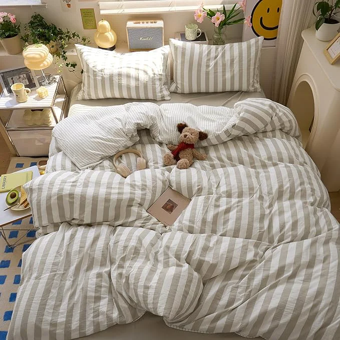 Advanced Brown Striped Duvet Cover Queen Boho Pattern Queen Size Comforter Cover Lightweight Stripe Dorm Room Farmhouse Duvet Cover Set with Pillowcase Teen Boy Bedding Washed Microfiber Duvet Protector Minimalist