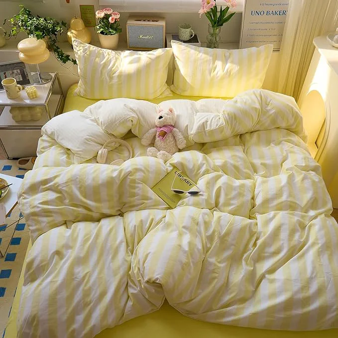 Fashionable Yellow Striped Twin Size Duvet Cover Cute Soft Comforter Cover Twin Boho Chic Washed Microfiber Farmhouse Duvet Cover Set with Corner Ties College Dorm Bedding Set for Girls Duvet Protector Reliable