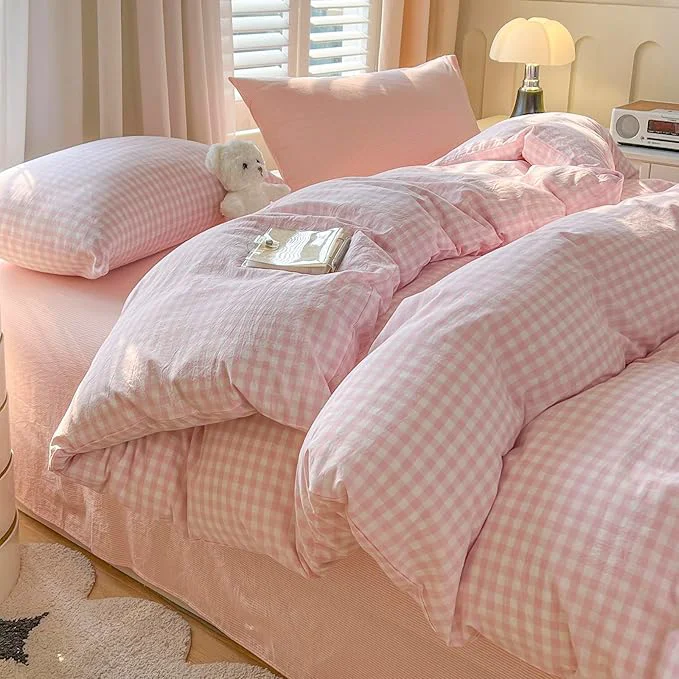 Exceptional Pink Gingham Twin Duvet Cover Washed Cotton Plaid Twin Comforter Cover Boho Cute Farmhouse Soft Duvet Cover Set with 2 Pillow Cases Cottage Core Zipper Bedding Set for Girls Duvet Protector Professional