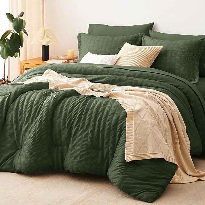 Fashionable CozyLux Oversized King Comforter Set Olive Green Seersucker 7 Pieces Bed in a Bag King Comforter Set with Sheets Luxury Soft Bedding Set with Down Comforter Sheets Pillowcases amp Shams Innovative