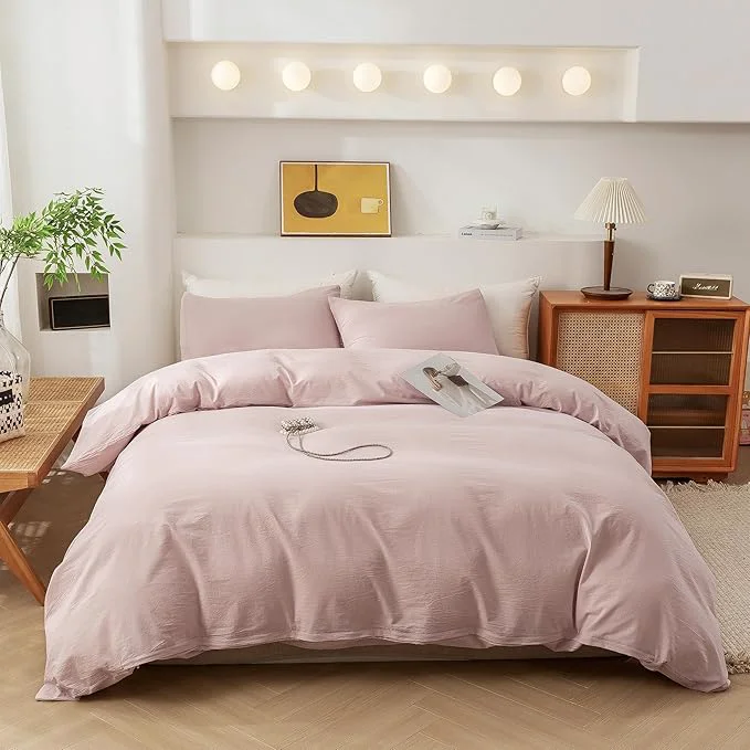 Reusable ECOCOTT Duvet Cover King Size – Washed Cotton Durable Soft Comfy Duvet Cover Set 3 Pieces Duvet Cover with Zipper Closure No Comforter Greyish Pink World-Class