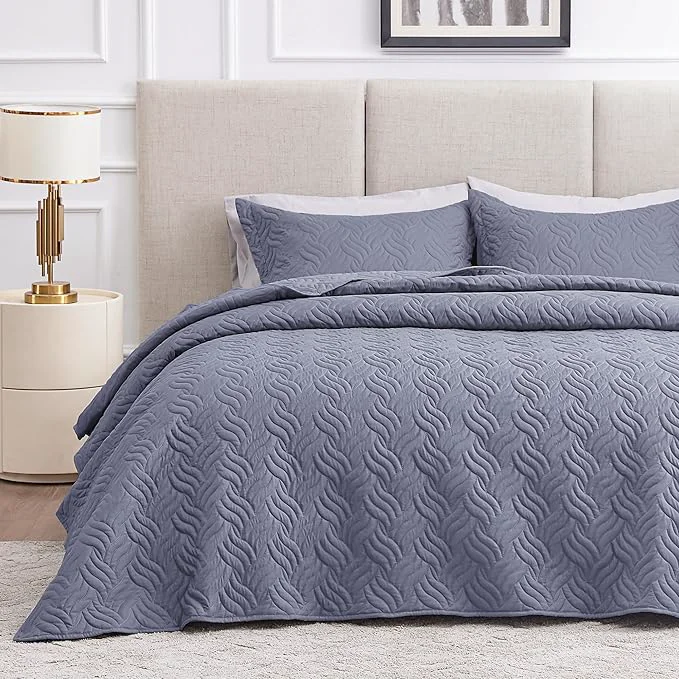 High-Quality Love 39 s cabin Quilts for Full Bed Bluish Grey Bedspreads Bedding Set – Lightweight Bedspread Comforter – Wave Pattern Bedding Coverlet for All Season – 3 Pieces 1 Quilt 2 Pillow Shams Certified