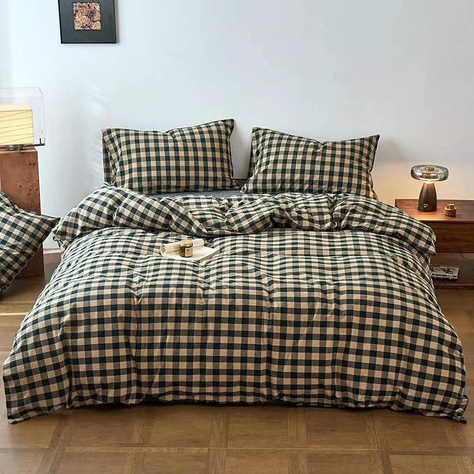 Environmentally Friendly Checkered Duvet Covers King Dark Green Washed Cotton King Size Comforter Cover Boho Gingham Buffalo Plaid Zipper Duvet Cover Set with Corner Ties Pattern Boys Bedding Set Chic Duvet Protector Modern