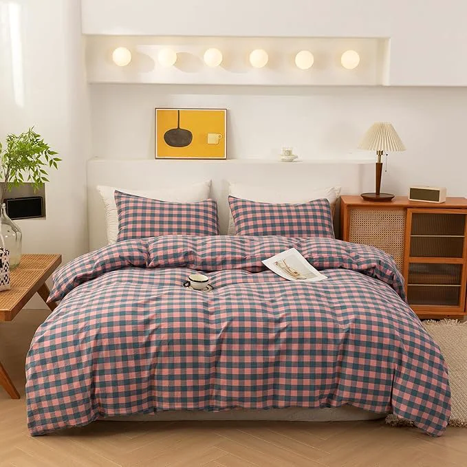 Exceptional ECOCOTT Duvet Cover Oversized King Size Washed Cotton Linen-Like Soft amp Breathable Durable Comfy Bedding Set for All Seasons Purple Pink Plaid Top-Quality