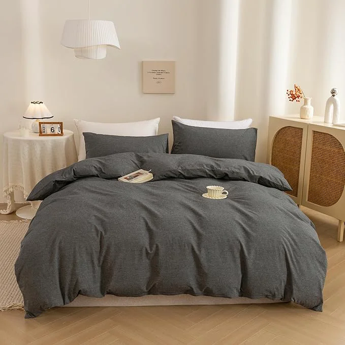 Responsible ECOCOTT Duvet Cover Set Washed Cotton Linen-Like Textured Soft amp Breathable Durable Comfy Bedding Set for All Seasons Grey California King Functional