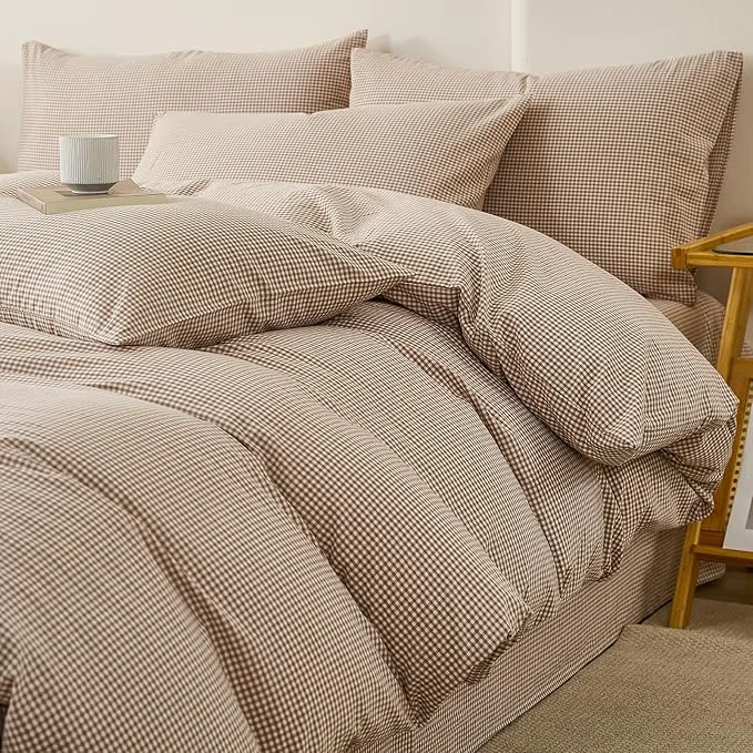 Safe Light Brown Gingham Twin Size Duvet Cover Washed Cotton Plaid Twin Comforter Cover Farmhouse Boho Cute Soft Duvet Cover Set with Ties Checkered Tan Bedding Set Breathable Duvet Protector Certified
