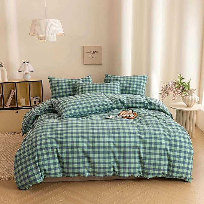 Artisan ECOCOTT Grid Plaid Duvet Cover Queen Size – Washed Cotton Linen Like Textured Breathable Durable Soft Comfy Bedding Set Mini Green Blue Plaid Comforter Cover Practical