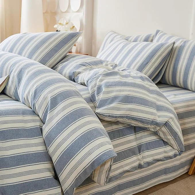 Unique Blue Striped Duvet Cover Full Washed Cotton Boho Comforter Cover Full Size Soft Vertical Stripe Pattern Duvet Cover Set with 2 Pillowcases Farmhouse Zipper Bedding Set Pinstripe Duvet Protector Casual