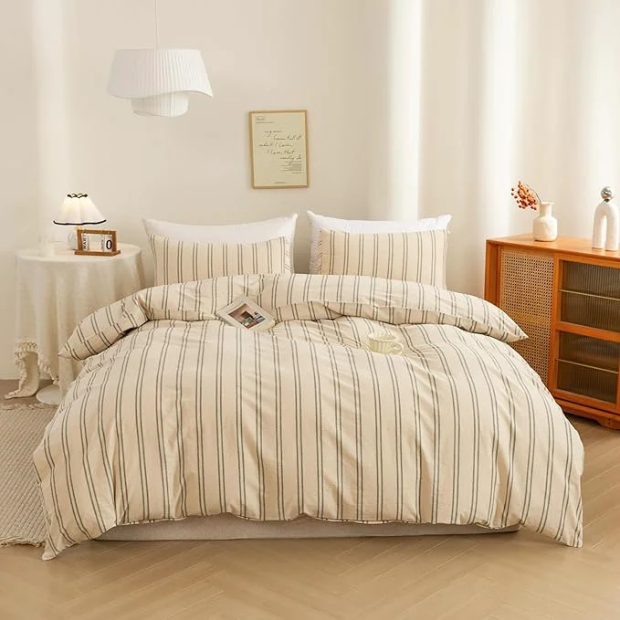 Easy-to-Use ECOCOTT Duvet Cover Full Size – Linen Feel Organic Natural Washed Cotton Soft Breathable amp Durable Bedding Set Comfy Stripe Design for All Seasons Certified