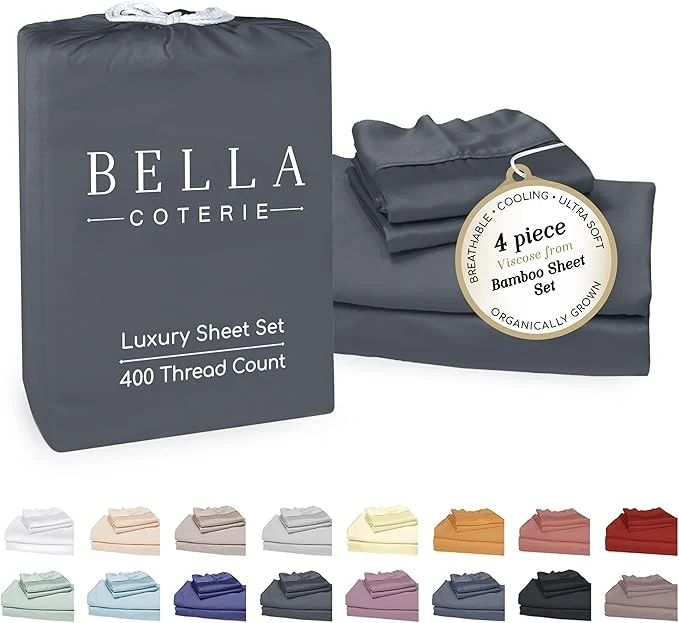 Effective Bella Coterie Luxury Bamboo Viscose Queen Size Sheet Set Organically Grown Ultra Soft Cooling for Hot Sleepers 18 quot Deep Pocket Charcoal Grey Fine