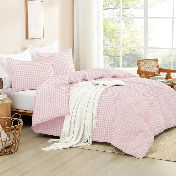 Fine Andency Pink Gingham Comforter Set Queen 90x90Inch Blush Checkered Grid Plaid Buffalo Bed Set for Girls Boys Kids Teens 3 Pieces Lightweight Polyester Geometric Preppy Bedding Prestigious