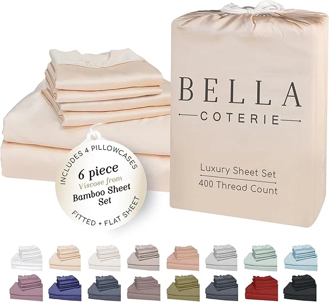 Bella Coterie 6 Piece Luxury Bamboo Viscose King Size Sheet Set Organically Grown Cooling for Hot Sleepers 18 quot Deep Pocket Soft amp Hypoallergenic 4 Pillowcases Champagne Long-Lasting