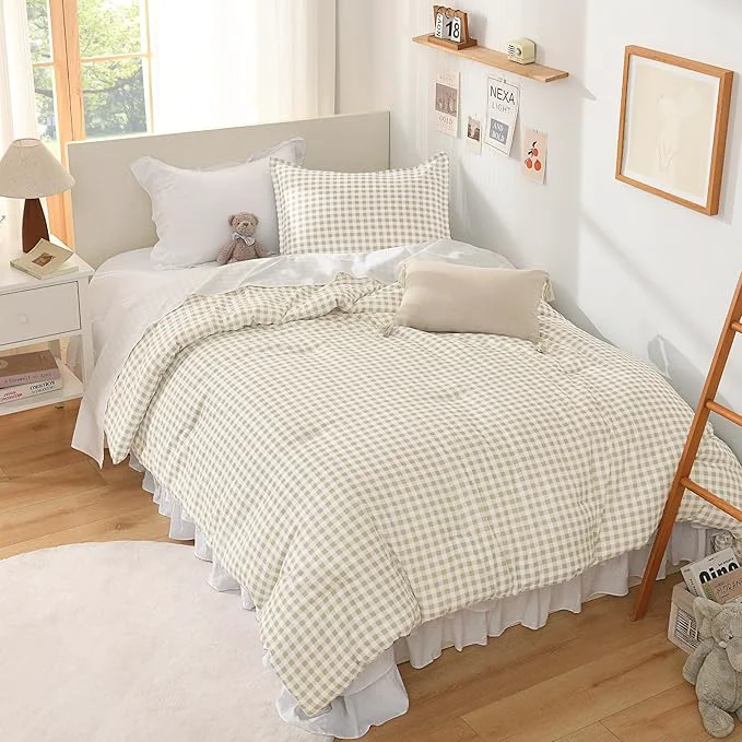 High-Performance Andency Beige Gingham Comforter Set Twin 66x90Inch Cream Checkered Grid Plaid Buffalo Bed Set for Girls Boys Kids Teens 2 Pieces Lightweight Polyester Geometric Preppy Bedding Durable