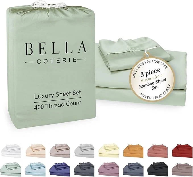 Practical Bella Coterie Luxury Bamboo Viscose Twin Size Sheet Set Organically Grown Ultra Soft Cooling for Hot Sleepers 18 quot Deep Pocket Sea Glass Certified