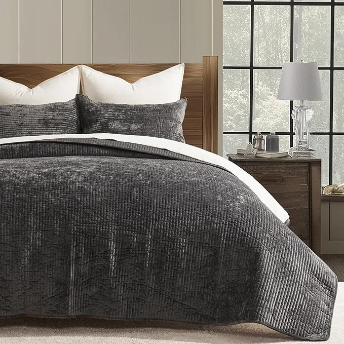 Consistent EVERGRACE Velvet Quilt Set Queen Size Luxurious Soft Quilted Bedding Sets Lightweight Velvet Comforter for All Season Striped Channel Bedspread Coverlet with 2 Shams Washed Black Premium