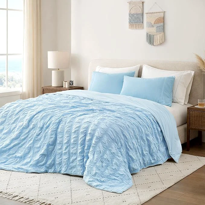 Safe Cozy Bliss Cooling Comforter Seersucker Plaid Full Size Q-Max 0.45 Lightweight Cooling Blanket Breathable Silk Smooth Summer Bedding Quilt for Hot Sleepers Night Sweats Blue Selected